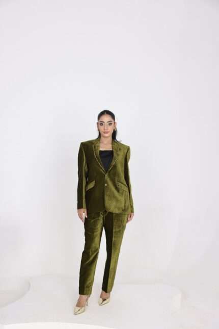 Olive Orchid Velvet Suit Embellished with Gem Stones