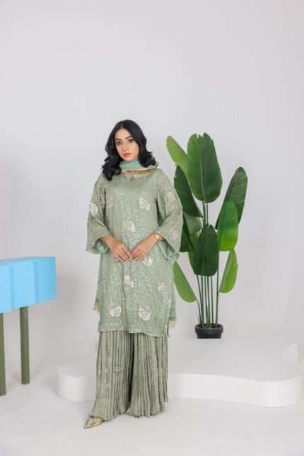 Sunehri Sage Green Chiffon Suit – 3 Piece