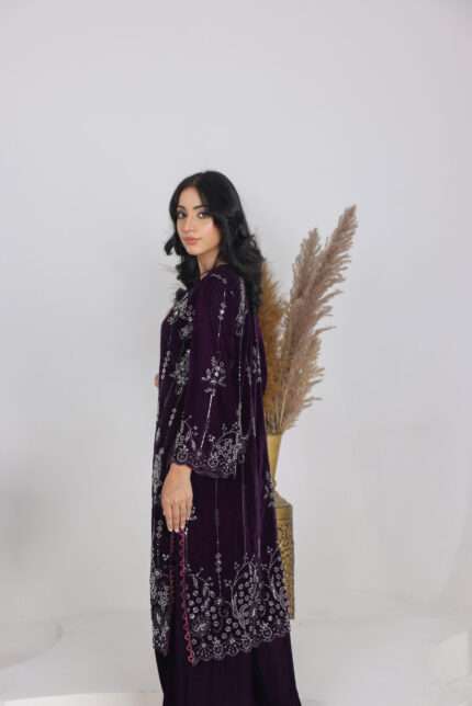 Voila Fine Velvet 3-Piece Suit with Embroidered Shawl