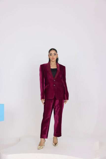 Plum Giaccia Velvet Suit Embellished with Gem Stones – 2 Piece