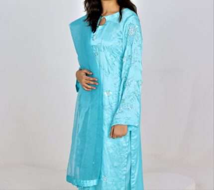 Kehkashan Pastel Blue Silk Set with Organza Dupatta – 3 Piece