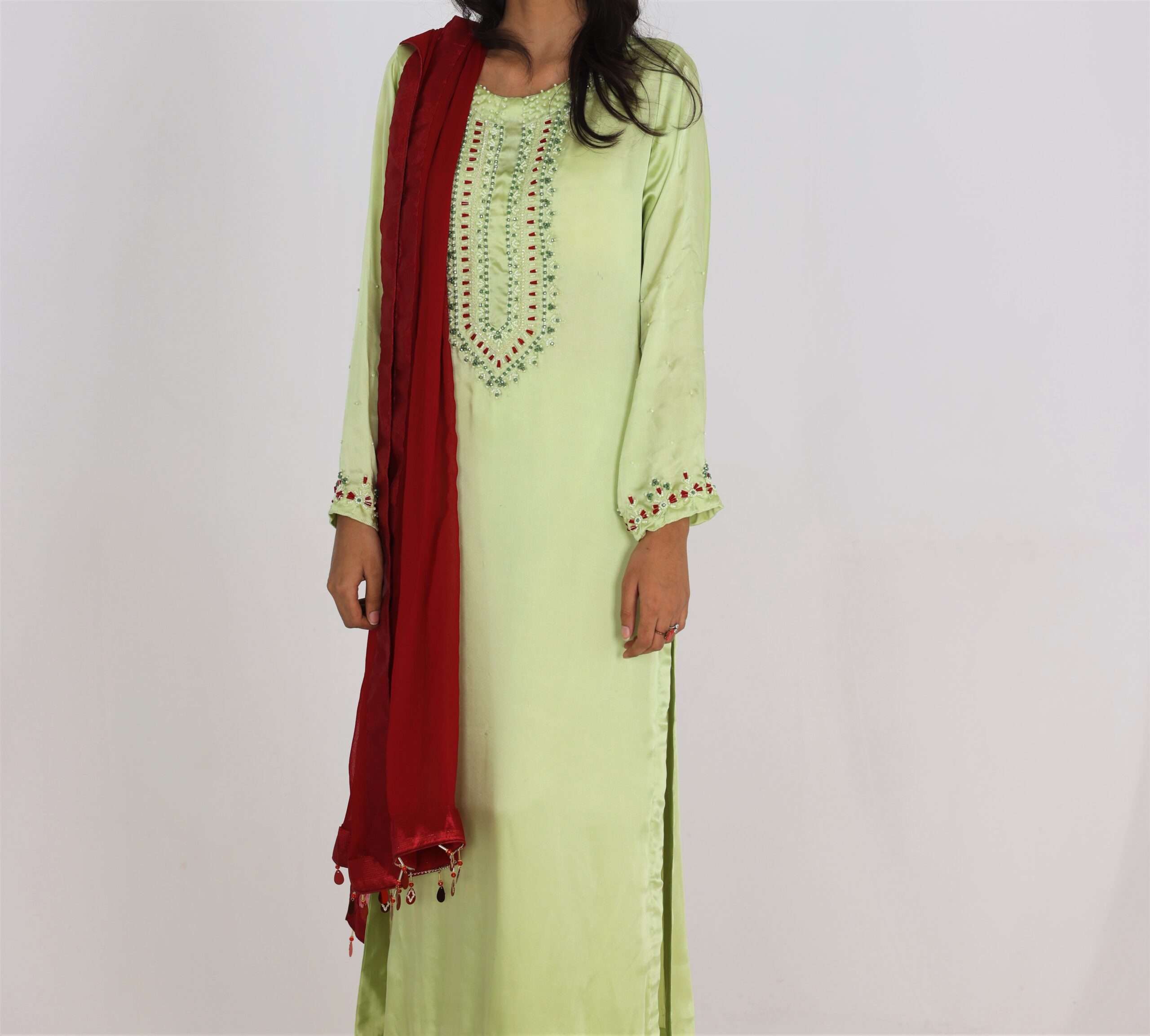 Shīn Sage Green Silk Set with Cherry Red Chiffon Dupatta – 3 Piece