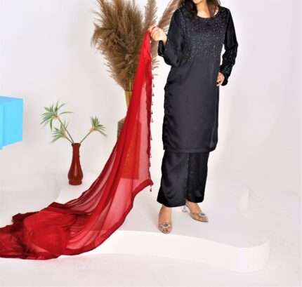 Aafreen Black Silk Set with Red Chiffon Dupatta – 3 Piece