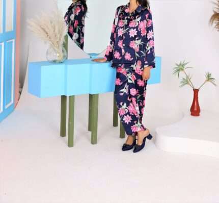 Nilaufar Blue Silk Set with Bead Embellishments – 2 Piece